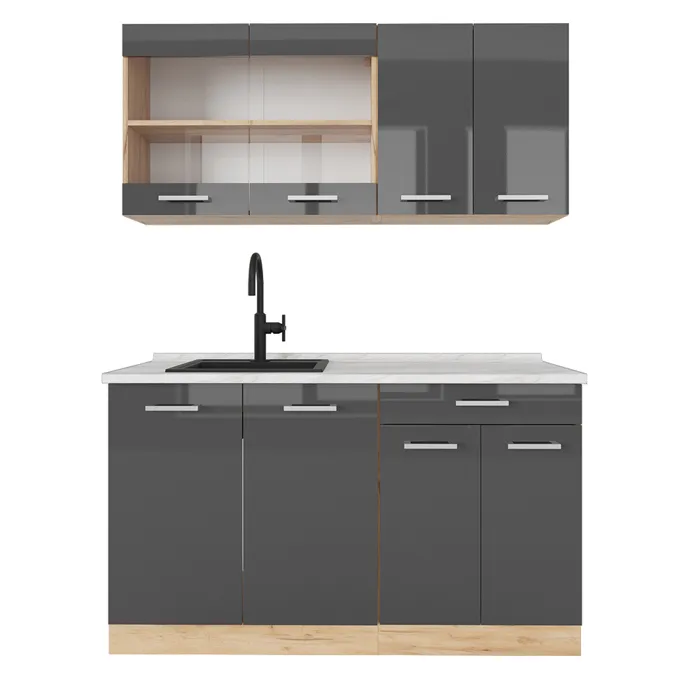 Vicco Cuisine Anthracite brillant/Chêne doré 140cm, PT Marbre