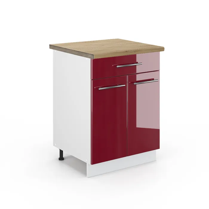 Vicco Meuble cuisine Rouge bordeaux Haute brillance/Blanc 60cm avec tiroir plan de travail Chêne doré