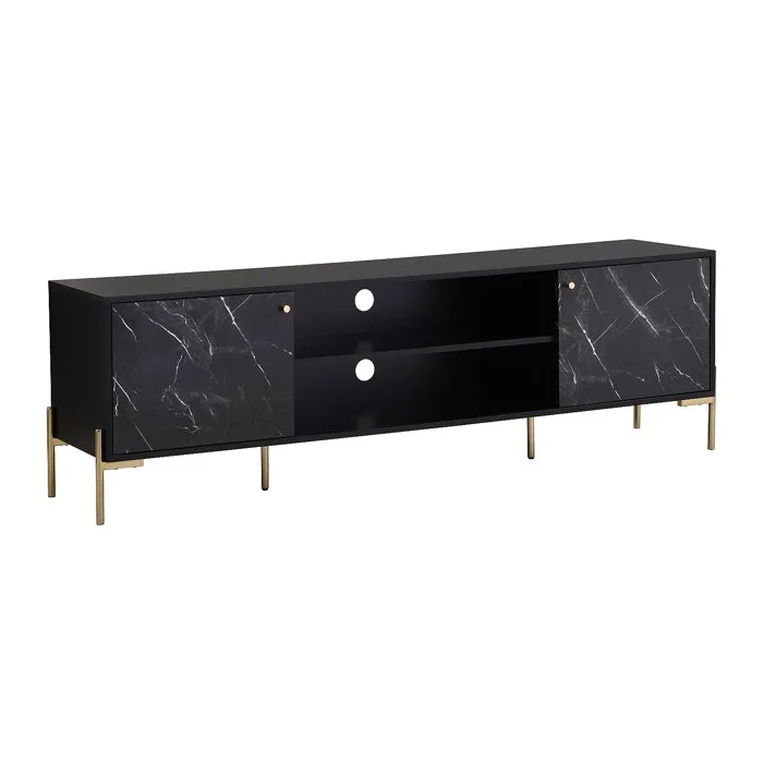 Meuble TV avec 2 portes et 2 niches en MDF et métal - Effet marbre noir et Doré - CIEMILA