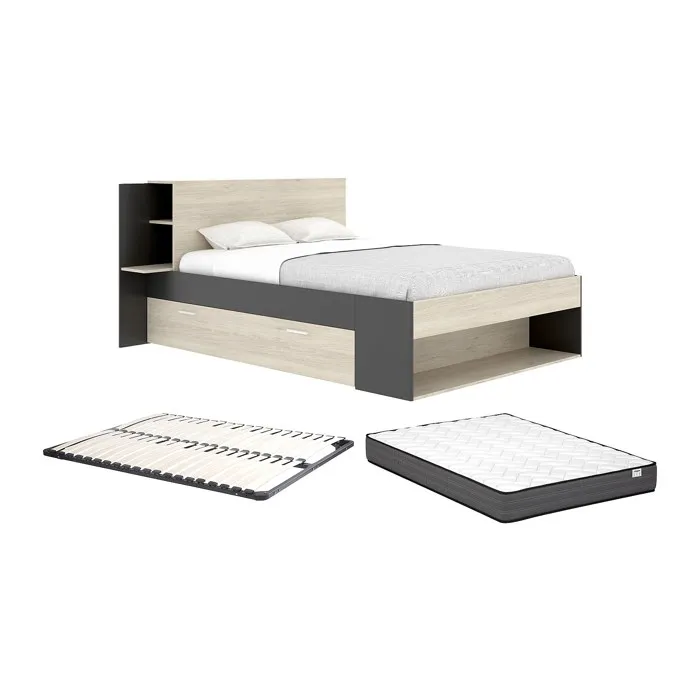 Lit 140 x 190 cm avec rangements - Coloris: Naturel et noir + Sommier + Matelas - KEROSIA