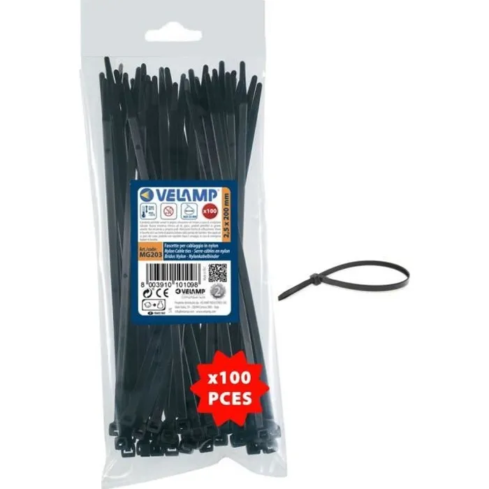 Colliers de fixation en nylon. Noirs. 2,5x200 - 100pces