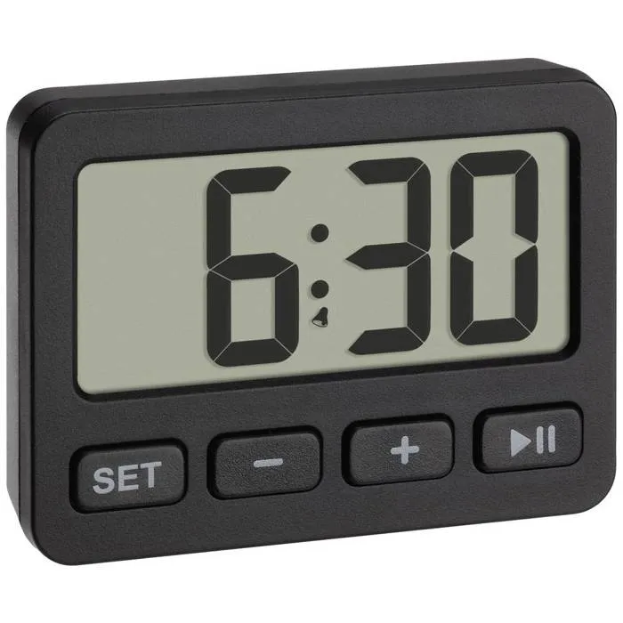 Réveil à quartz compact TFA Dostmann 60.2036.01, noir, minuterie et chronomètre.