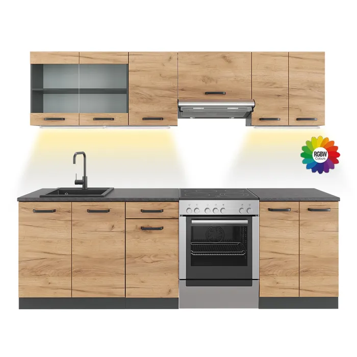Vicco Ligne de cuisine Chêne doré/Anthracite 240cm, PT À motifs noirs avec bande LED