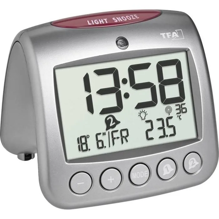Réveil digital radiopiloté TFA SONIO 2.0 gris - 2 alarmes, thermomètre, éclairage auto