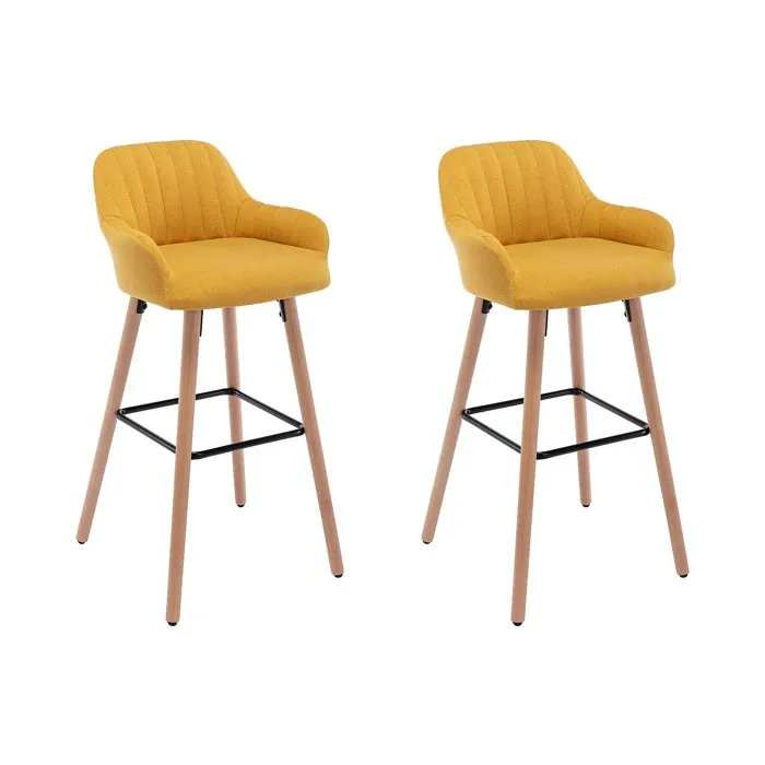 Lot de 2 tabourets de bar en tissu et pieds bois de hêtre - Jaune - ELEANA