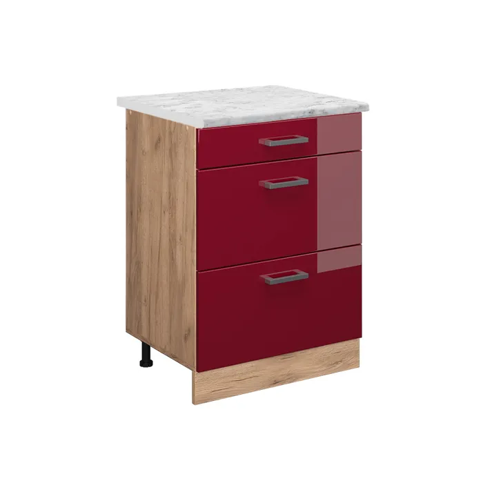 Vicco Meuble cuisine Rouge brillant/Chêne doré 60cm avec tiroirs plan de travail Marbre
