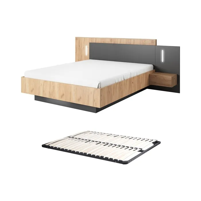 Lit avec chevets 140 x 190 cm - 2 tiroirs - Avec LEDs - Coloris: Naturel et anthracite + Sommier - FRANCOLI