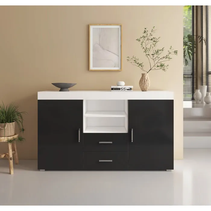 Muebles Bonitos - Buffet De Salon Bas 2 Portes 2 Tiroirs 140x80x40cm Meuble De Rangement Modèle Roque Couleur Blanc Et Noir Finition Brillante