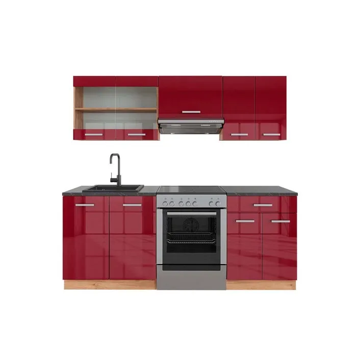 Vicco Cuisine Bordeaux brillant/Chêne doré 200cm, PT Anthracite