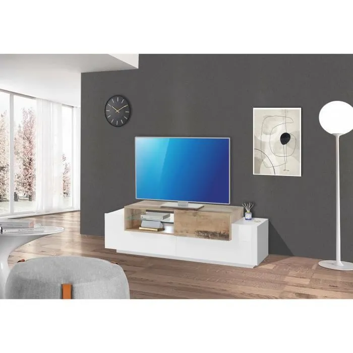 Meuble Tv Dlodrin, 160x45h51 Cm, Blanc Brillant Et Érable