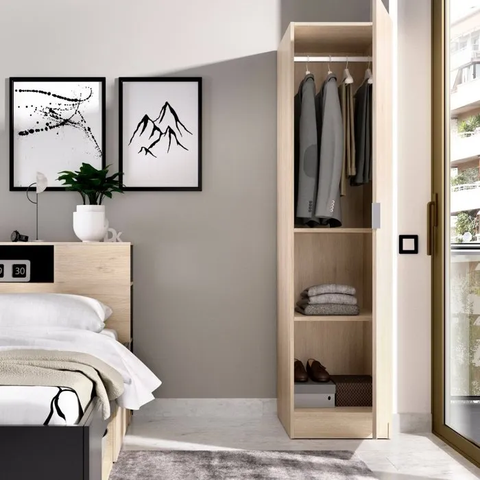 Armoire polyvalente 1 porte Nxy, Cintre pour chambre à coucher, Armoire multifonction, 41x52h184 cm, Chêne