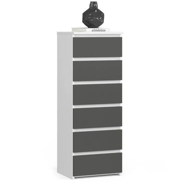 Commode AKORD CL6 Blanche 40 cm 6 tiroirs façade Gris Graphite 40x35x109 cm