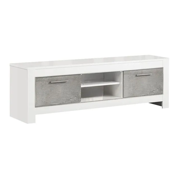 Denae - Meuble Tv 2 Portes L160cm Laqué Blanc Brillant Et Gris Marbré