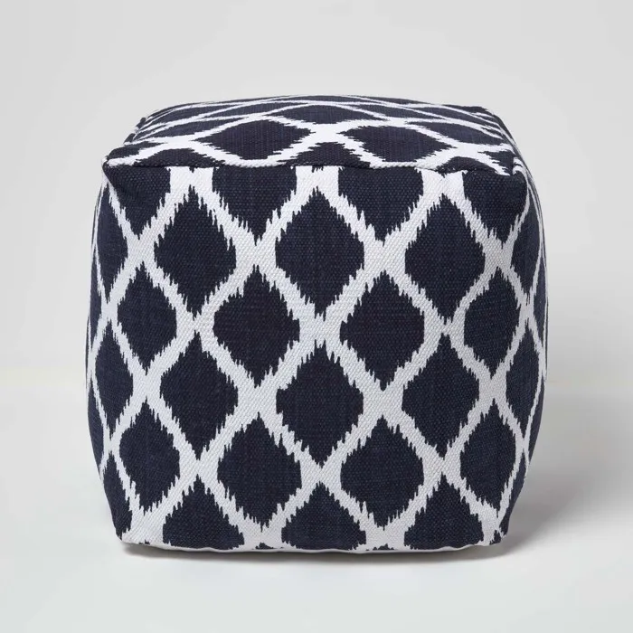Pouf Carré Motifs Ikat Bleu Et Blanc 40x40x40cm - Homescapes