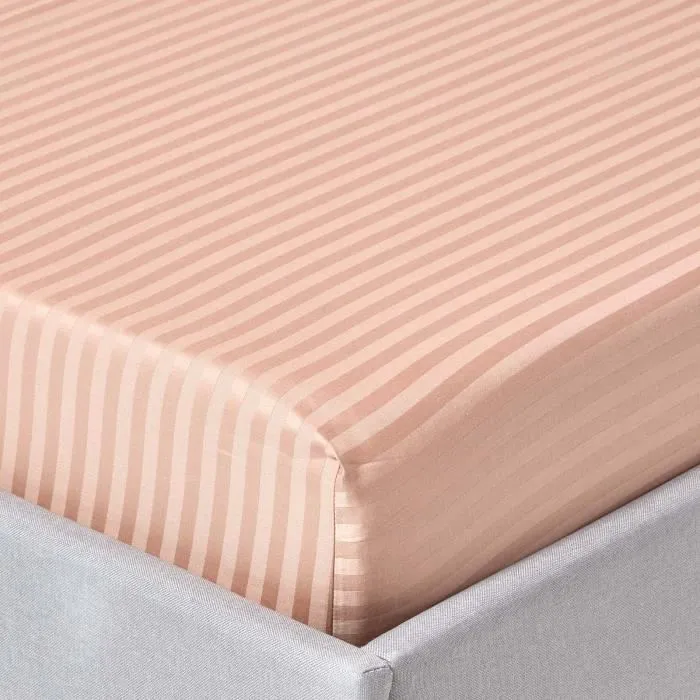 Drap-housse rayé 140 x 190 cm 100% coton égyptien 330 fils coloris taupe - HOMESCAPES