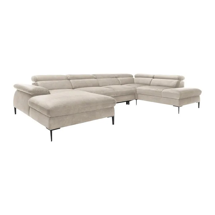 Grand canapé d'angle gauche panoramique convertible en velours beige SEPINA
