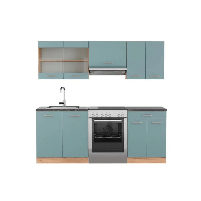 Vicco Cuisine Bleu-gris/chêne doré 200cm, PT Anthracite