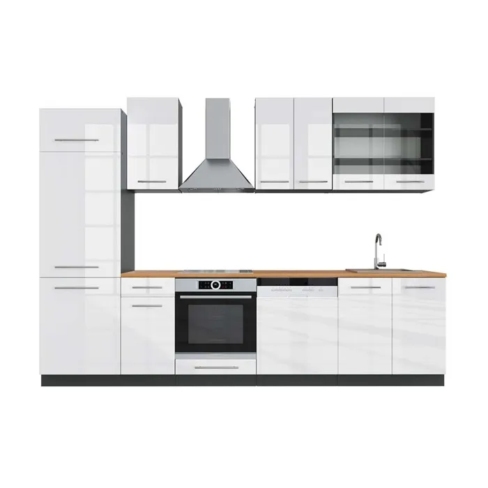 Vicco Cuisine Blanc brillant/Anthracite 300cm, PT Chêne
