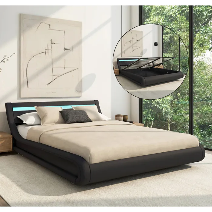 Lit Coffre Pour Matelas Lit Adulte Couleur Noir Avec Led Matériaux Bois Et Simili Cuir Coffre De Rangement Modèle Parisina 140x190cm