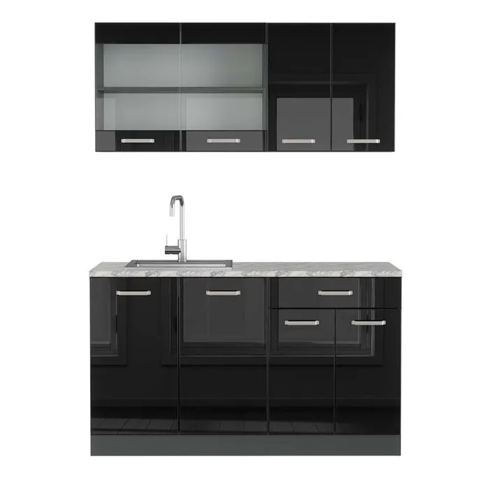Vicco Cuisine Noir brillant/Anthracite 140cm, PT Marbre