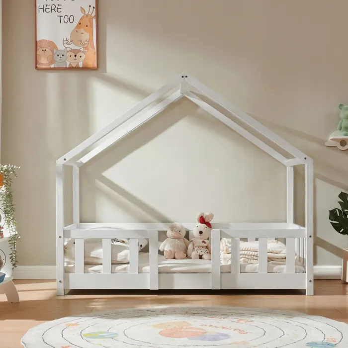 Lit d'enfant en forme de maison Treviolo 70 x 140 cm bois de pin blanc en.casa