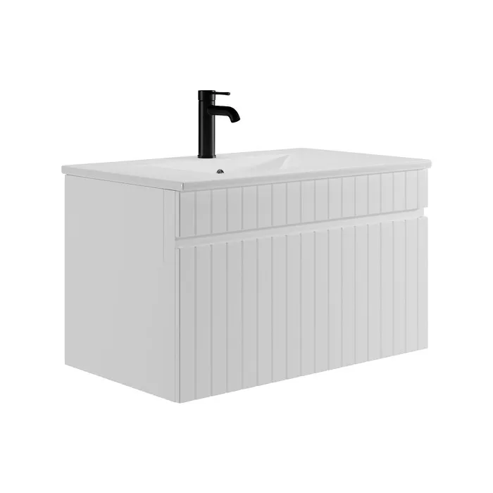 Meuble de salle de bain suspendu strié blanc avec vasque à encastrer - 80 cm - SATARA