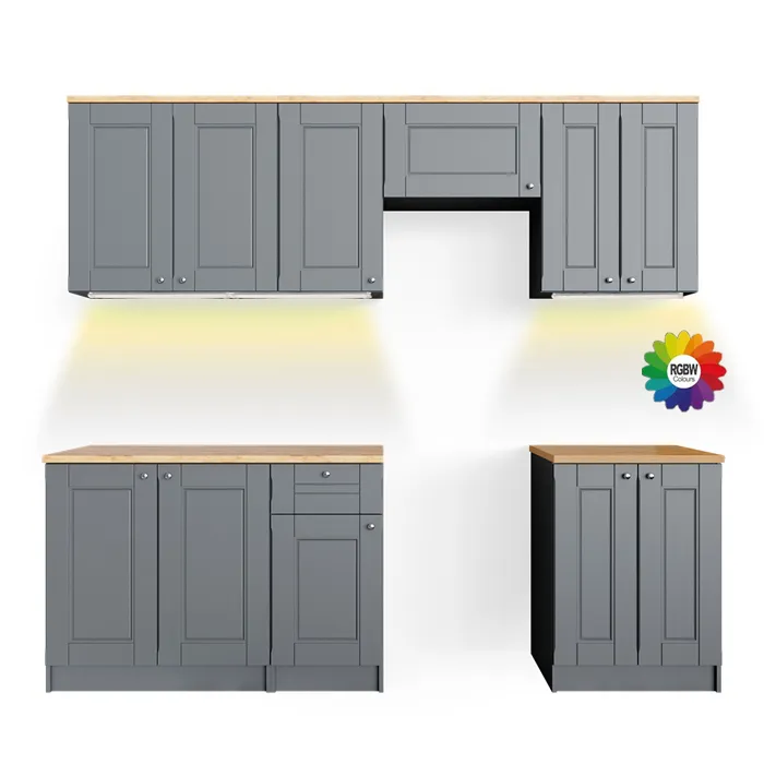 Vicco Cuisine Gris 240cm, PT Goldkraft avec bande LED