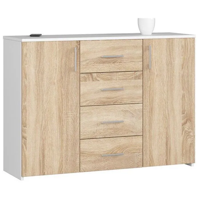 Commode AKORD K45 Blanche 110 cm 2 portes 4 tiroirs façade Chêne Sonoma 4 étagères 110x35x80 cm