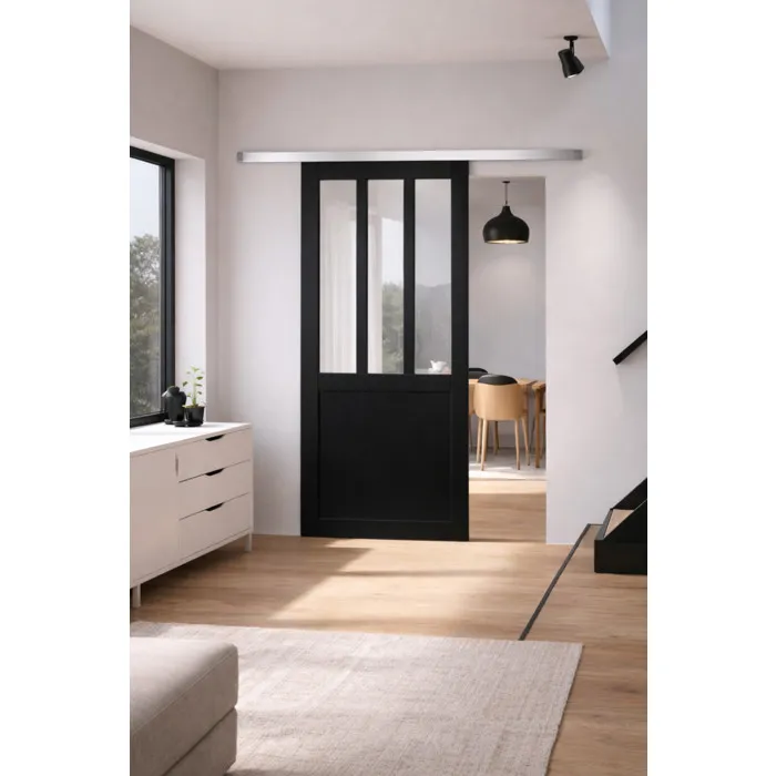 Porte Coulissante Atelier Noir Vitrée H204 X L93 Cm, Rail Alu Gd Menuiseries