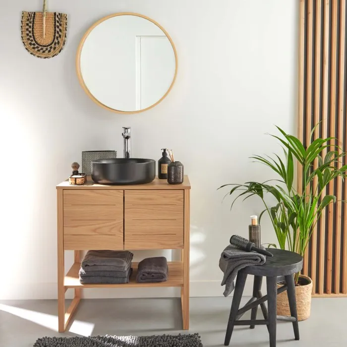 Meuble sous vasque ATOLL 70cm + vasque noire + miroir