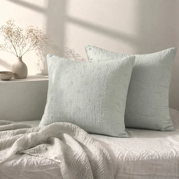 Lot De 2 Taies D'oreiller 60 X 60 Cm - Gaze De Coton Brodée - Gaïa Boho Eucalyptus