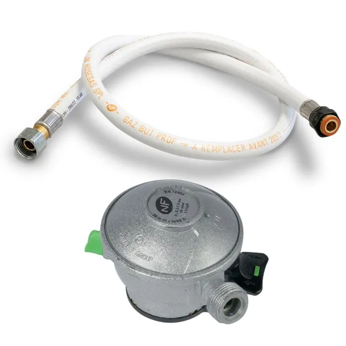 Pack Tuyau gaz flexible 2 m + Détendeur Butane à clipser Quick-On Valve Diam 27mm Avec Sécurité stop gaz