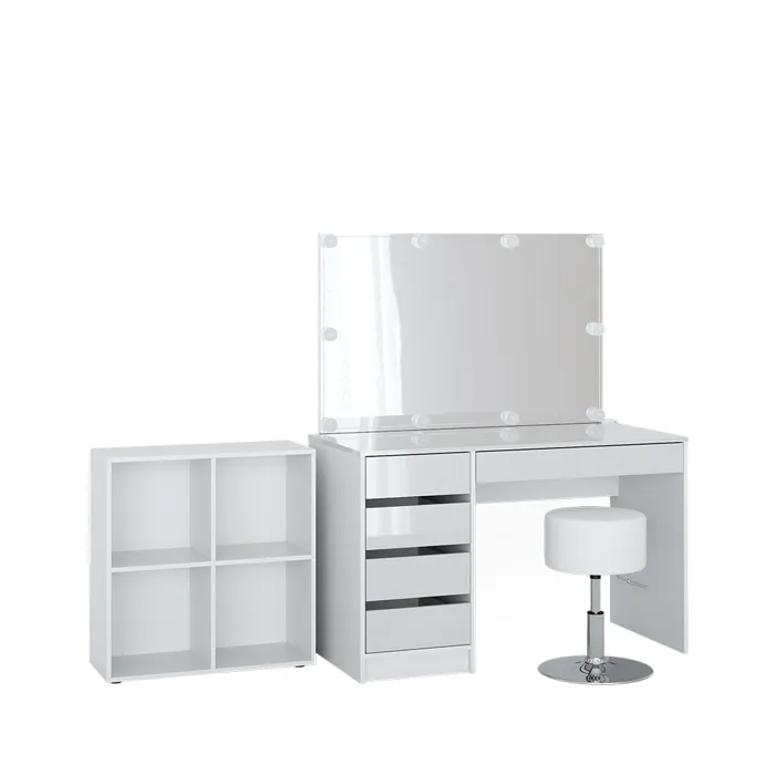 Vicco Coiffeuse Blanc 120cm avec miroir, guirlande LED, tabouret et étagère sur pied