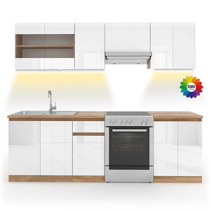 Vicco Ligne de cuisine Blanc Haute brillance/Blanc 240cm, PT Sonoma avec bande LED