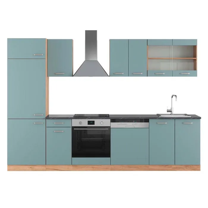 Vicco Cuisine Bleu-gris/chêne doré 300cm, PT Anthracite