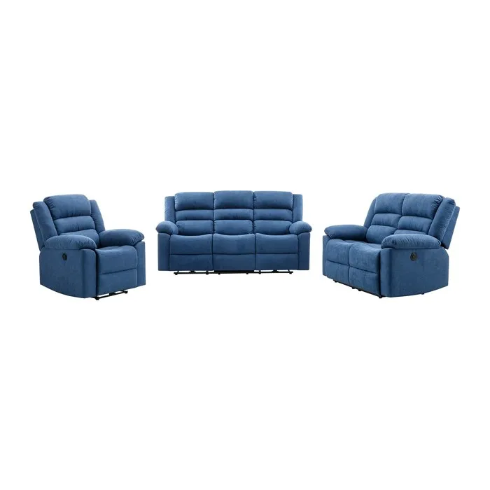 Canapé 3 places, 2 places et fauteuil relax électrique en tissu bleu BUROLO