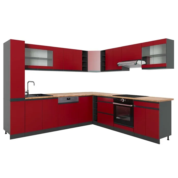 Vicco Cuisine en angle Rouge/Anthracite 277 x 257 cm J-Shape, PT Chêne