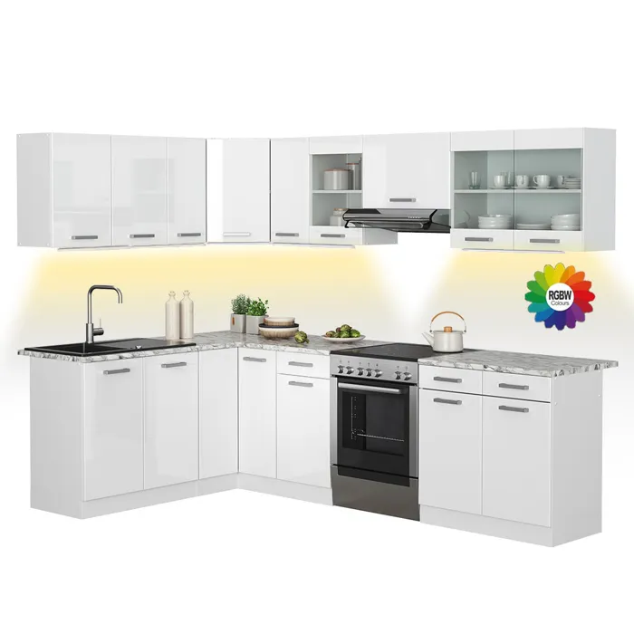 Vicco Cuisine dangle Blanc Haute brillance/Blanc 267 x 167 cm, PT Marbre avec bande LED