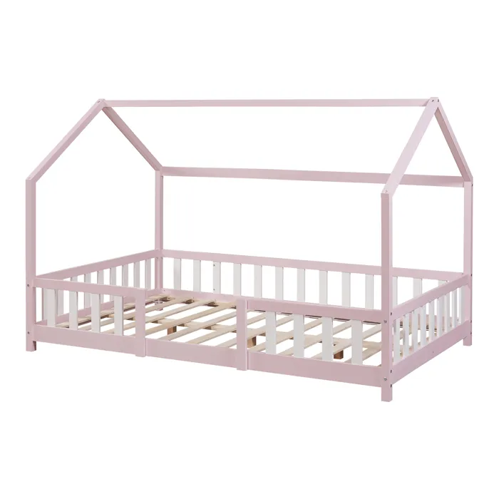 Lit cabane Sisimiut pin 120 x 200 cm rose / blanc en.casa