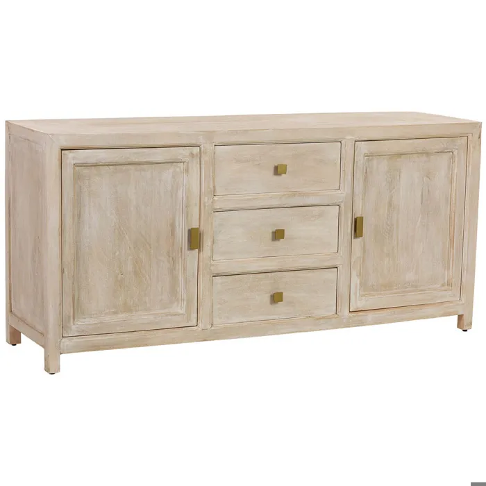 Buffet En Bois Beige Avec 3 Tiroirs Et 2 Portes 160x43x75 Cm