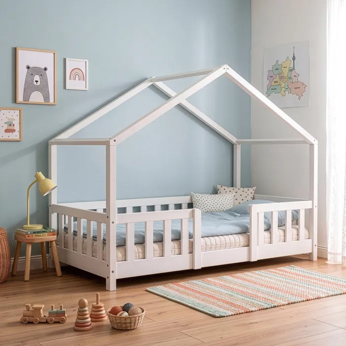 Lit d'enfant en forme de maison Treviolo 80 x 160 cm bois de pin blanc en.casa