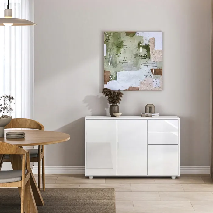 Commode Paarl 74 x 117 x 36 cm avec 3 portes blanc brillant en.casa