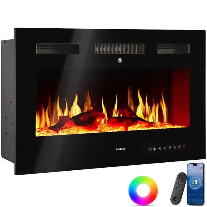 Cheminée murale électrique design 2 puissances de chauffage réglables: 900 W ou 1800 W noir