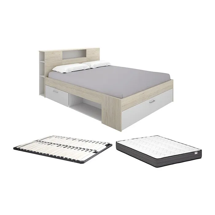 Lit avec tête de lit rangements et tiroir - 180 x 200 cm - Coloris: Naturel et blanc + Sommier + Matelas - LEANDRE