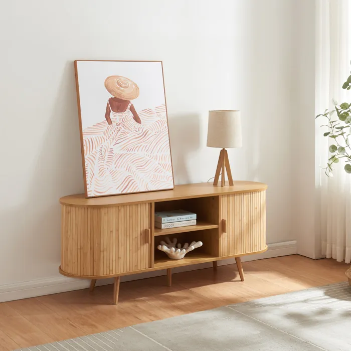 Buffet Nordkapp avec portes coulissantes MDF bambou bois 140 x 40 x 56 cm naturel en.casa