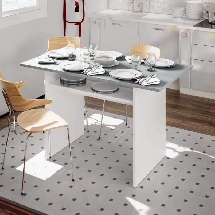 Table Extension,effet Bois,blanc, Ciment,120x35h77 Cm