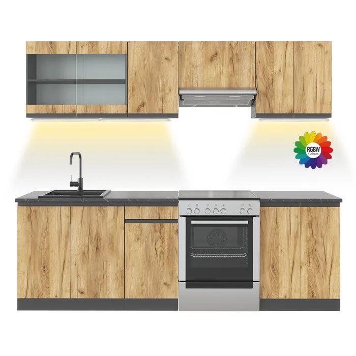 Vicco Cuisine Chêne doré/Anthracite 240cm sans plan de travail avec bande LED