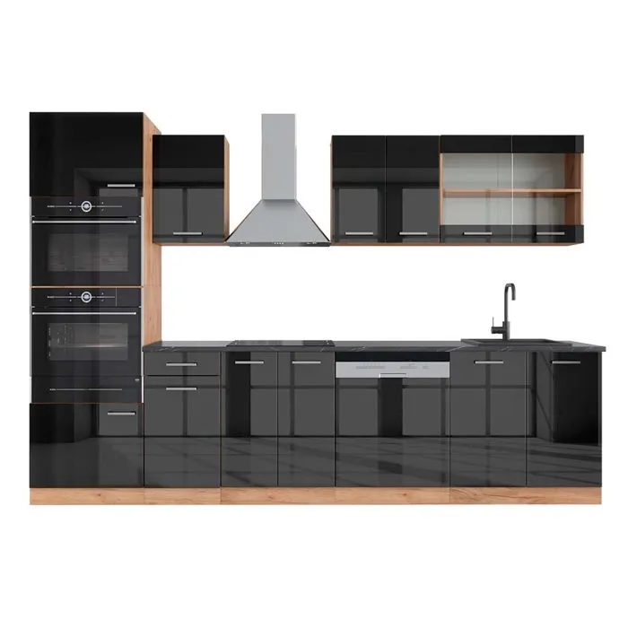 Vicco Cuisine Anthracite brillant/Chêne doré 300cm avec armoire haute, PT Anthracite