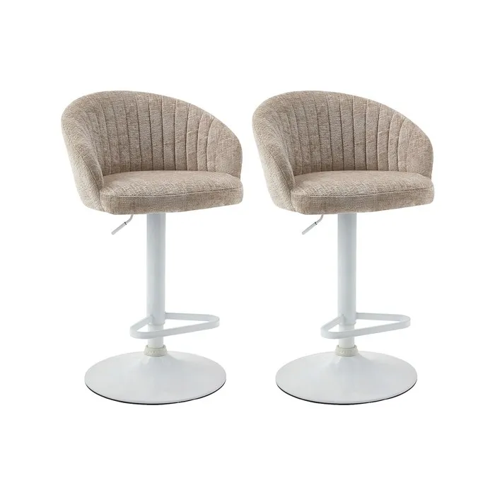 Lot de 2 tabourets de bar en tissu texturé et métal blanc - Hauteur réglable - Crème - DORALIZ