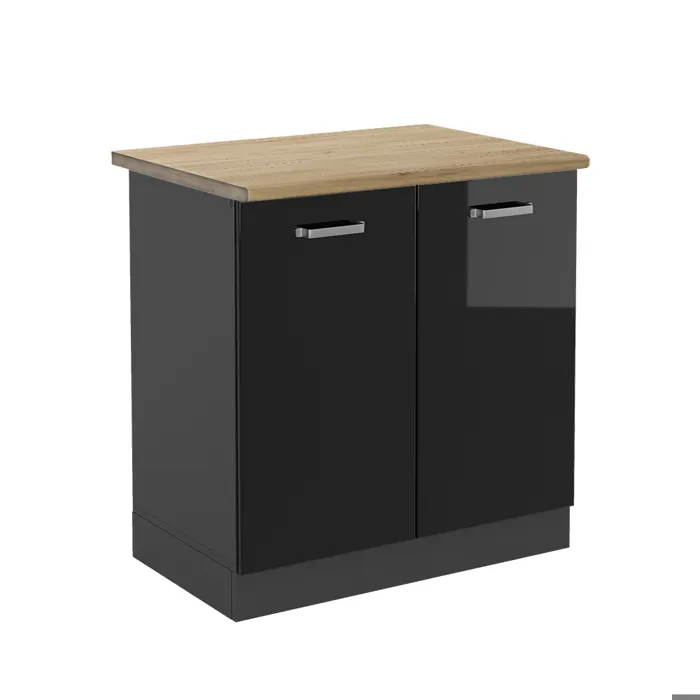 Vicco Meuble bas sous-évier Noir Haute brillance 80cm, PT Chêne